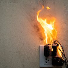 Des chargeurs branchés sur une multiprise sont en feu.