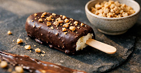 Glace Magnum maison healthy sans sucre enrobée de chocolat noir et éclats de cacahuètes