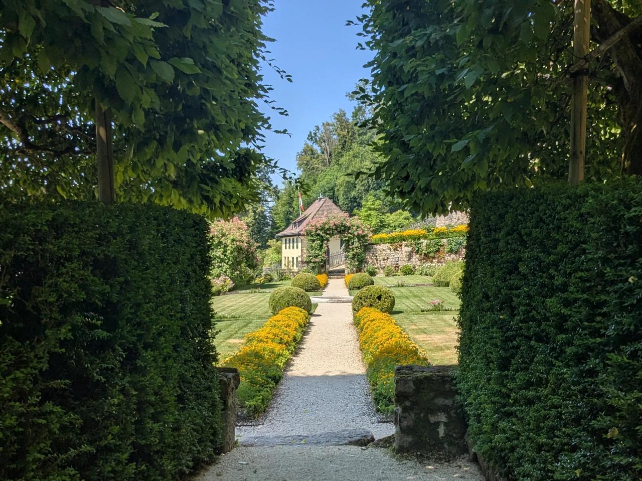 Vue depuis l'allée de hêtres vers le jardin baroque. [SRF]