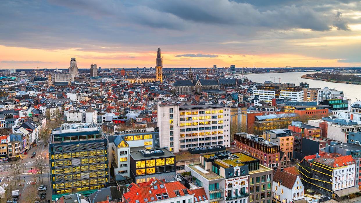 Antwerp, Belgium cityscape from above at twilight.