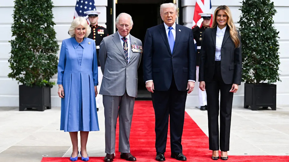 King Charles III, Queen Camilla, President Donald Trump, and First Lady Melania Trump are pictured at the White House on the final day of the King and Queen’s state visit on Thursday. / Samir Hussein / via REUTERS