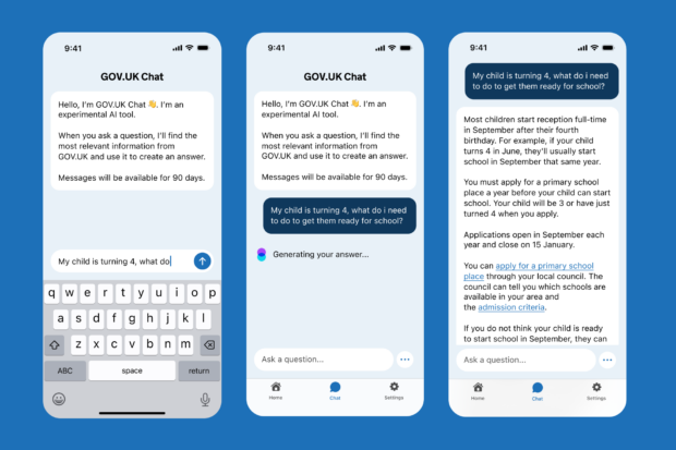A series of 3 phone screens showing an example conversation with GOV.UK Chat