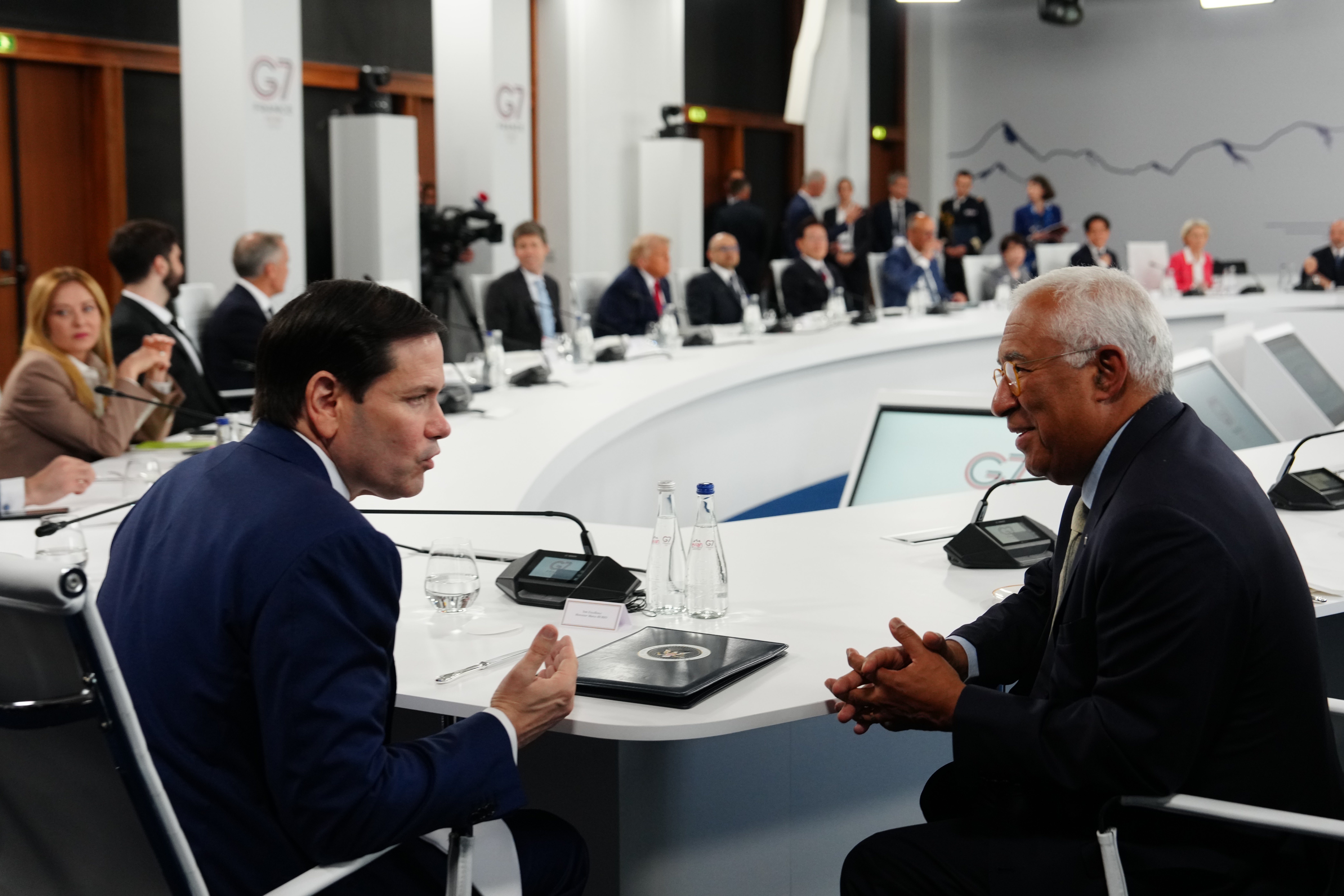 Secretary of State Marco Rubio talks to European Council President Antonio Costa as they participate in a meeting with leaders during the G7 summit, Wednesday, June 17, 2026, in Evian-les-Bains, France.