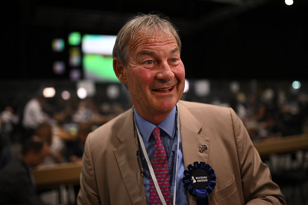 Restore Britain leader Rupert Lowe pictured at last night’s vote count in Makerfield. Credit: Getty