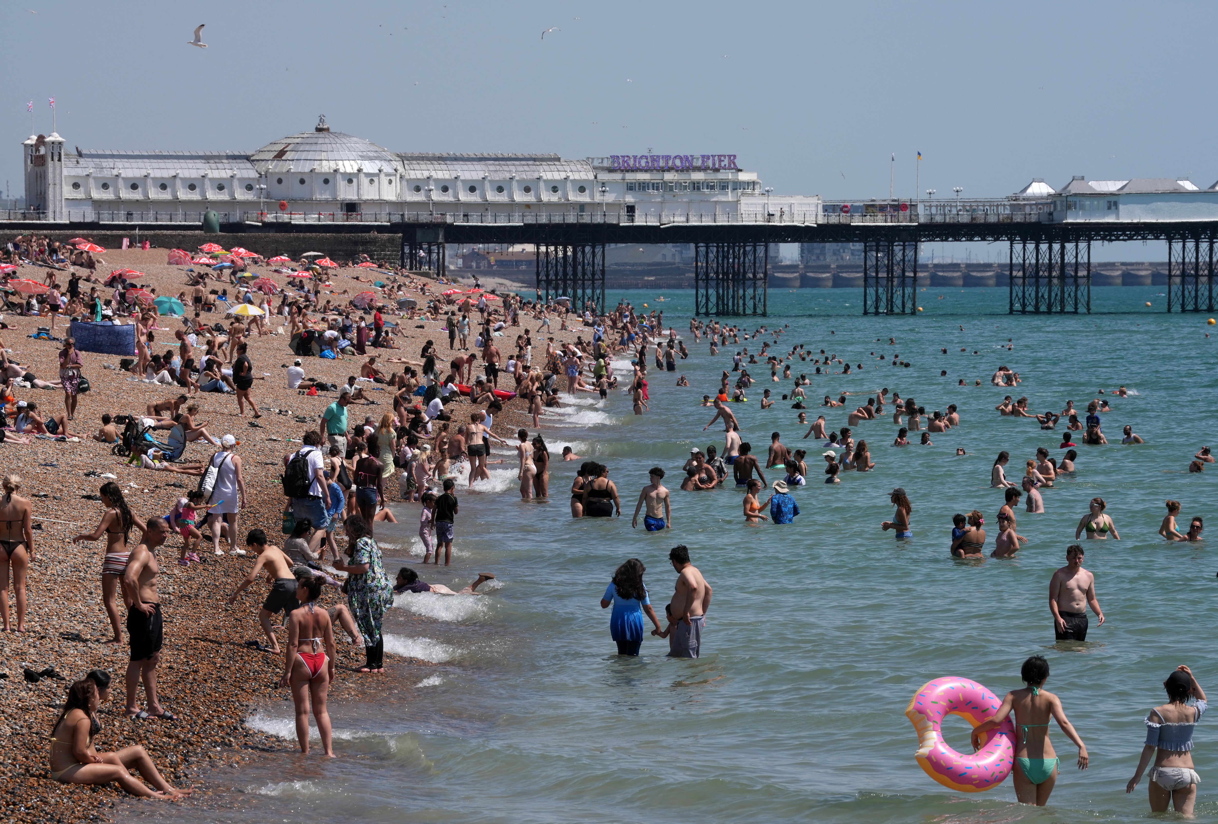 People attempt to cool down in the sea in Brighton during June's record-breaking heatwave, June 24