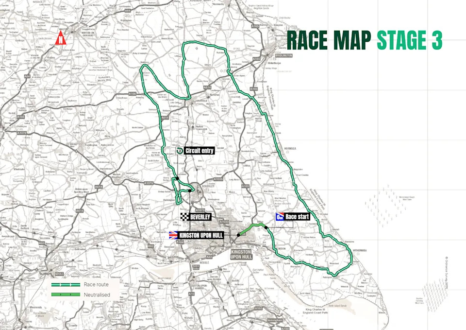 A map of Hull and Beverley showing a route highlighted in green.