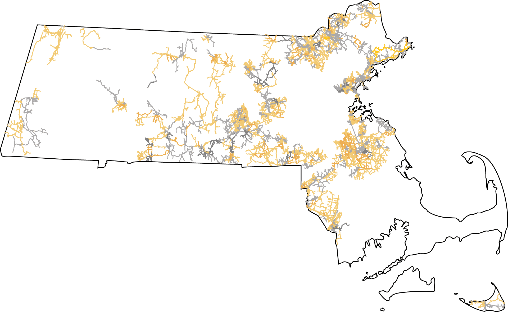 Map of feeder lines across Massachusetts highlighting hot-spot areas of concentrated vehicle charging demand