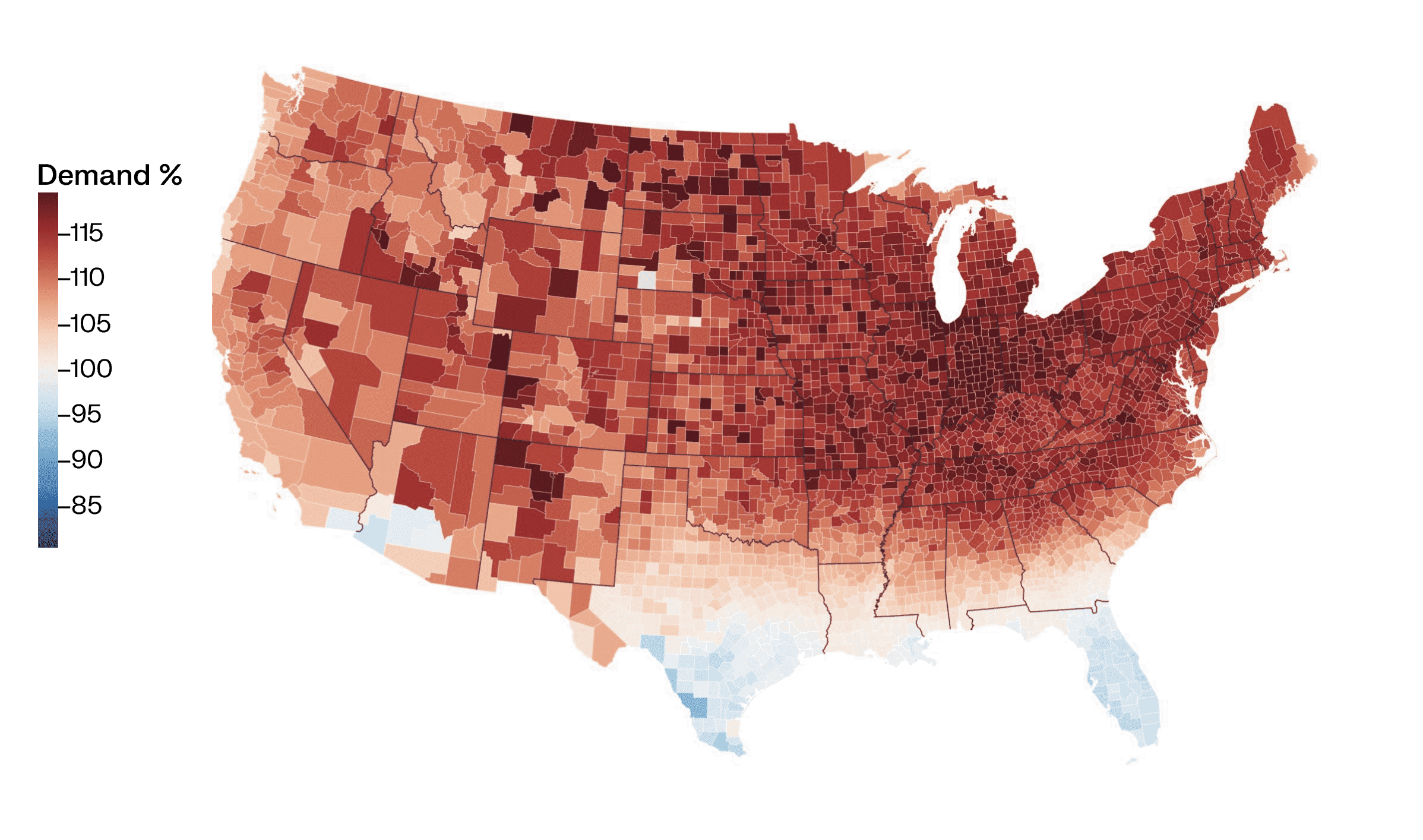 US county map of winter EV energy demand as a percentage of baseline, highest across the northern and central states