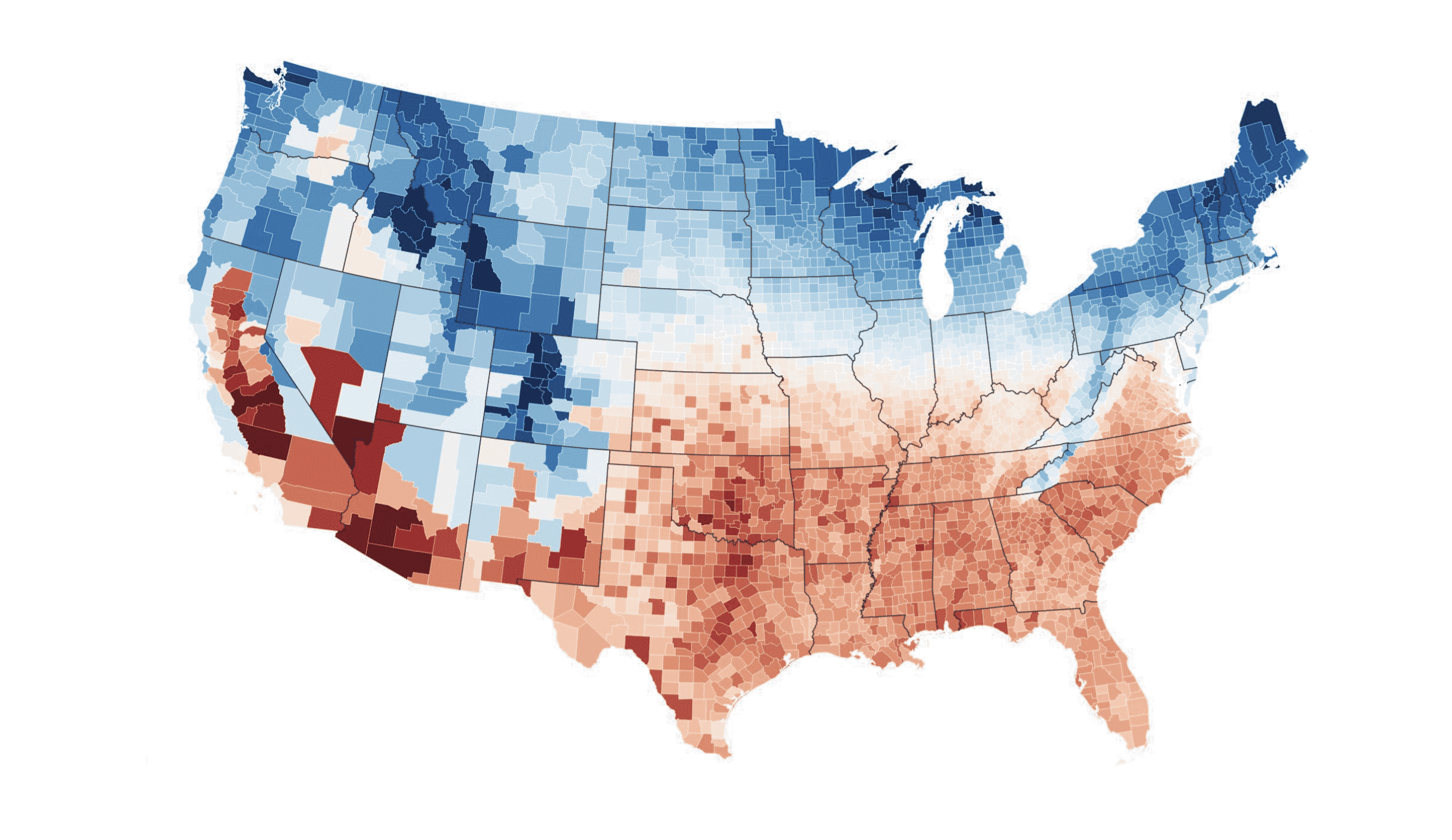 US county map of seasonal temperature effects on EV energy demand, higher in the hot South and cold North