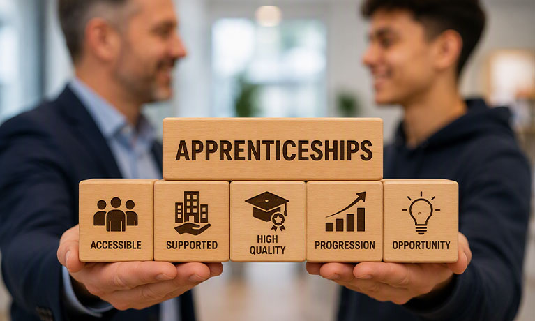 Apprentice and business owner holding six wooden blocks