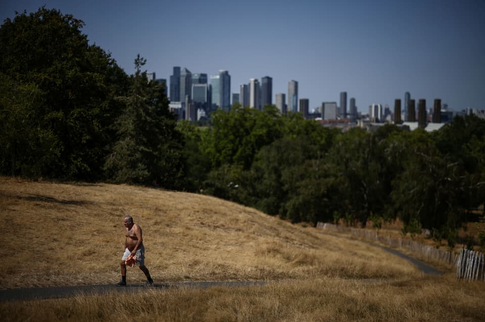 A man walks through dried out and yellow grass in Greenwich Park, south-east London on July 29, 2026. Just over half of England has been declared in drought after "record-low rain and exceptionally high temperatures", the UK government said on July 29. (Photo by Henry NICHOLLS / AFP via Getty Images)