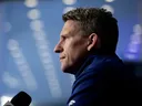 Head Coach Kris Knoblauch speaks to the media in the Edmonton Oilers Hall of Fame Room, after the team was eliminated in the first round of the NHL Stanley Cup playoffs, in Edmonton Saturday May 2, 2026.