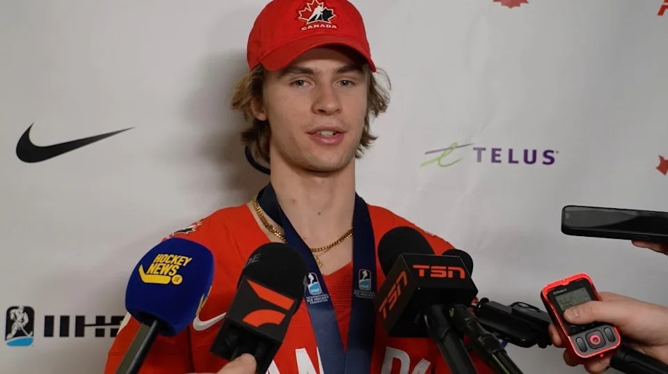 Gavin McKenna of Whitehorse after helping Canada win bronze at the 2026 World Junior Hockey Championships on Jan. 5, 2026.