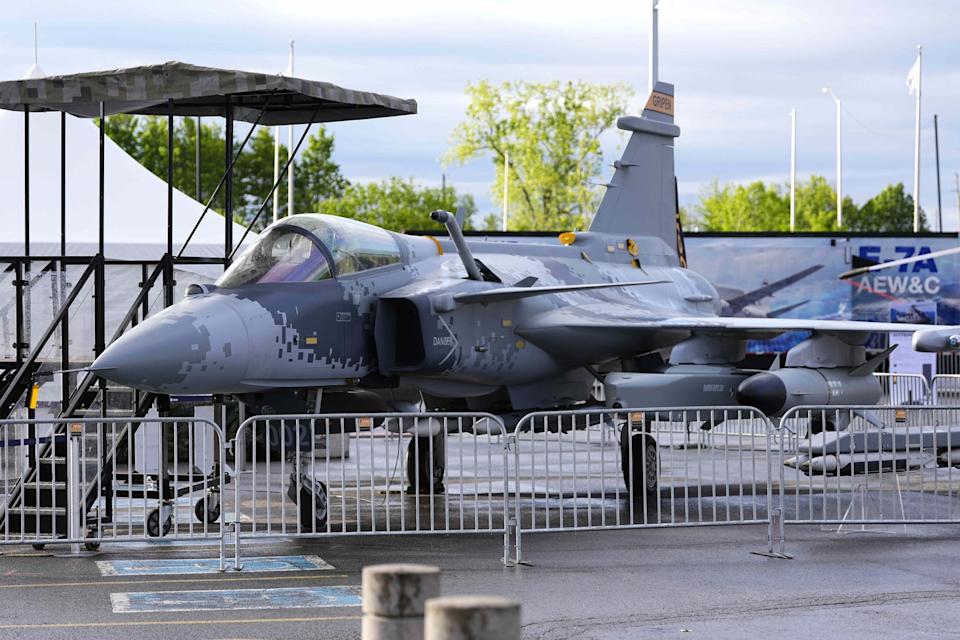 A replica of a Saab Gripen multirole fighter aircraft is shown at the Cansec annual defence industry trade show in Ottawa on Thursday, May 28, 2026. THE CANADIAN PRESS/Justin Tang - The Canadian Press