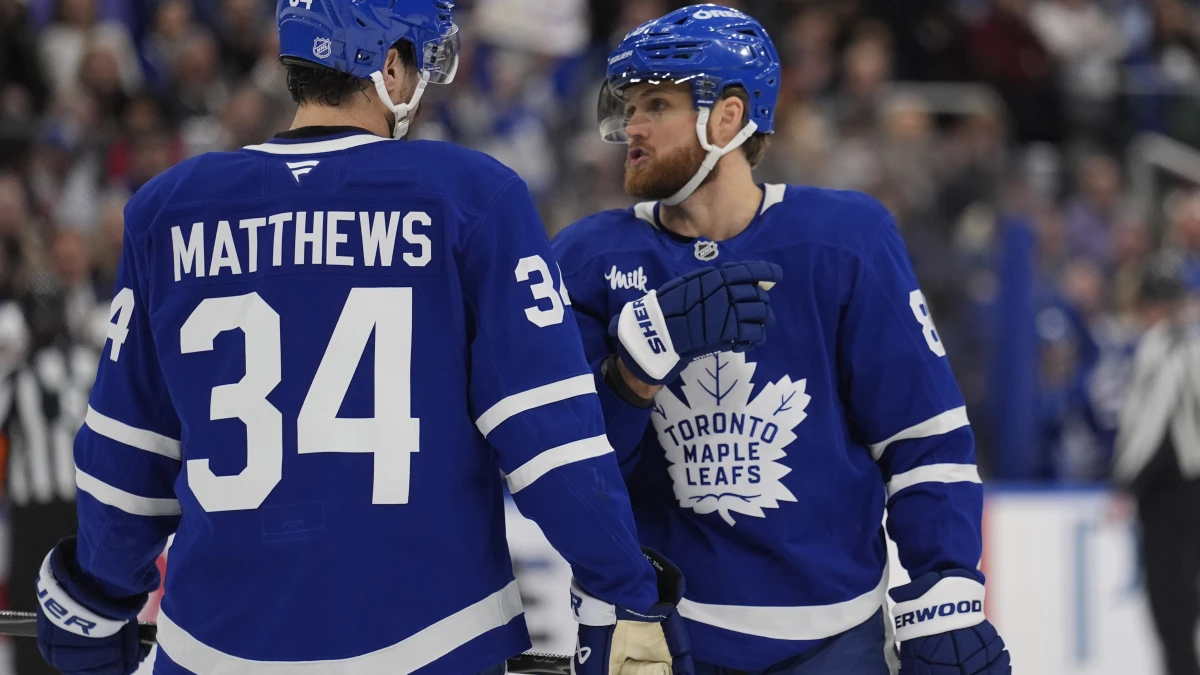Toronto Maple Leafs forward William Nylander (88) and forward Auston Matthews (34) discuss a play against the Tampa Bay Lightning during the first period at Scotiabank Arena