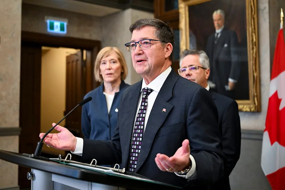 Conservative MP Dan Mazier speaks during a press conference in the Foyer of the House of Commons on Parliament Hill in Ottawa, on Monday, April 27, 2026. THE CANADIAN PRESS/Spencer Colby