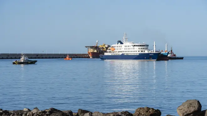 The cruise ship 'MV Hondius' anchors in the port of Granadilla waiting to refuel and receive the necessary supplies to travel to the Netherlands, on 11 May