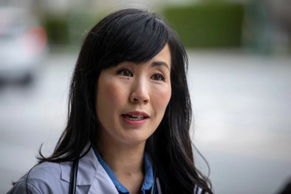 Dr. Melissa Lem, president of the Canadian Association of Physicians for the Environment, is pictured with other healthcare professionals during a press conference regarding health impacts due to LNG fracking in Vancouver, B.C., on Tuesday, August 13, 2024.
