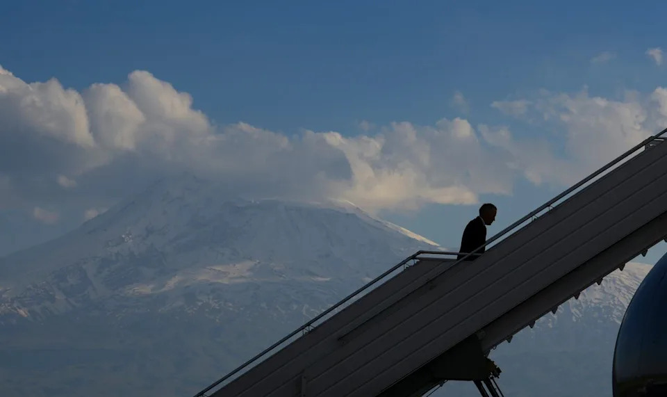 Mount Ararat is seen in the distance as Prime Minister Mark Carney departs Yerevan after attending the 8th European Political Community Summit on Monday, May 4, 2026. THE CANADIAN PRESS/Sean Kilpatrick