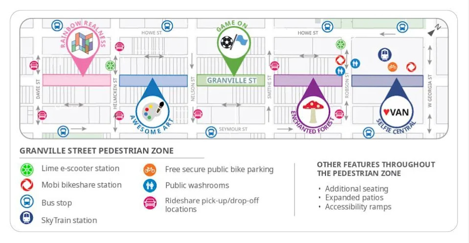 A graphic from the City of Vancouver shows the Granville pedestrian zone, which will be in place until late July.