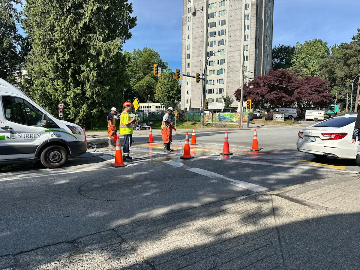 Rainbow crosswalk in Surrey vandalized in what advocates call 'act of hate'