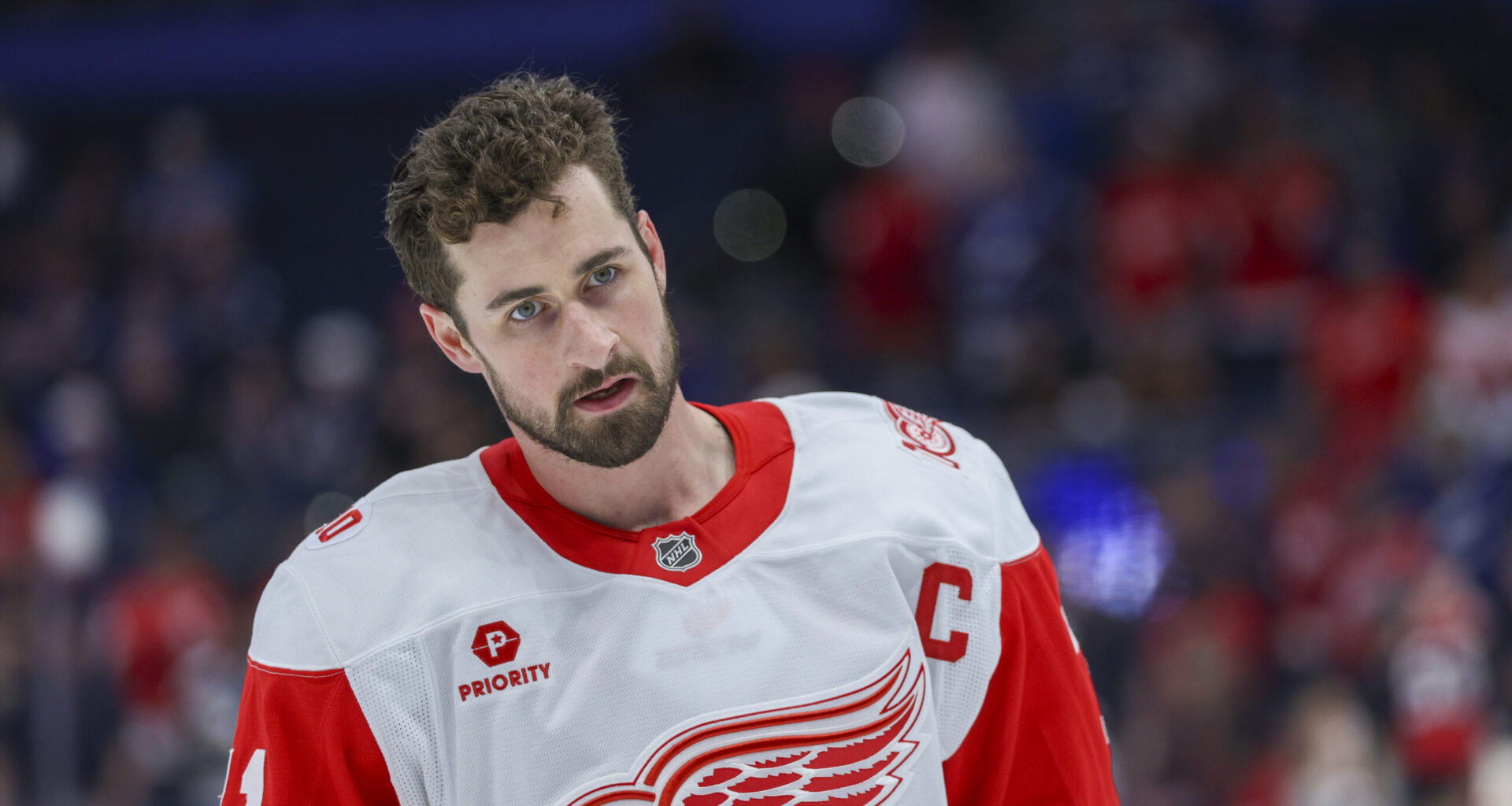 Detroit Red Wings center Dylan Larkin (71) warms up at Benchmark International Arena