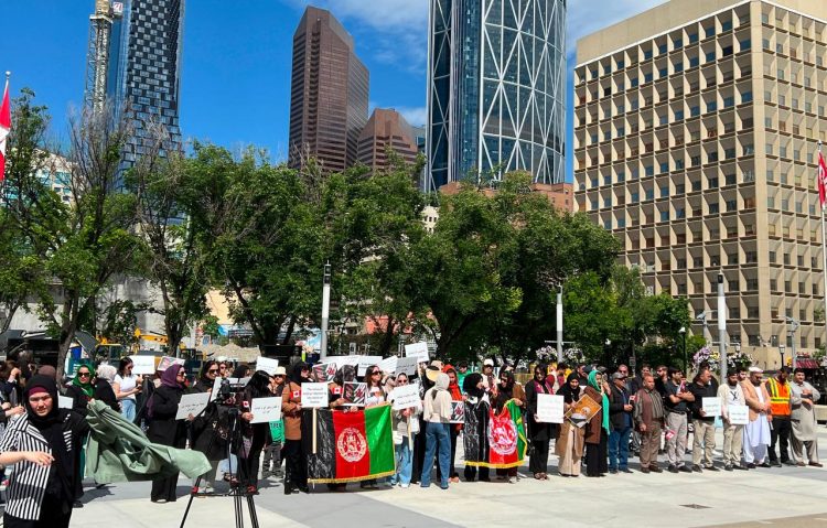 Activists and women’s rights advocates gathered in Calgary, Canada, to protest in support of Afghan women and call for stronger international action (Photo credit: Exclusive)