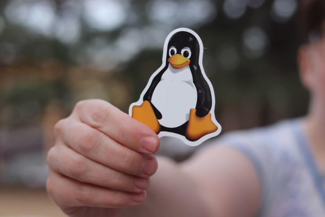 A close-up of a hand holding a Linux penguin logo