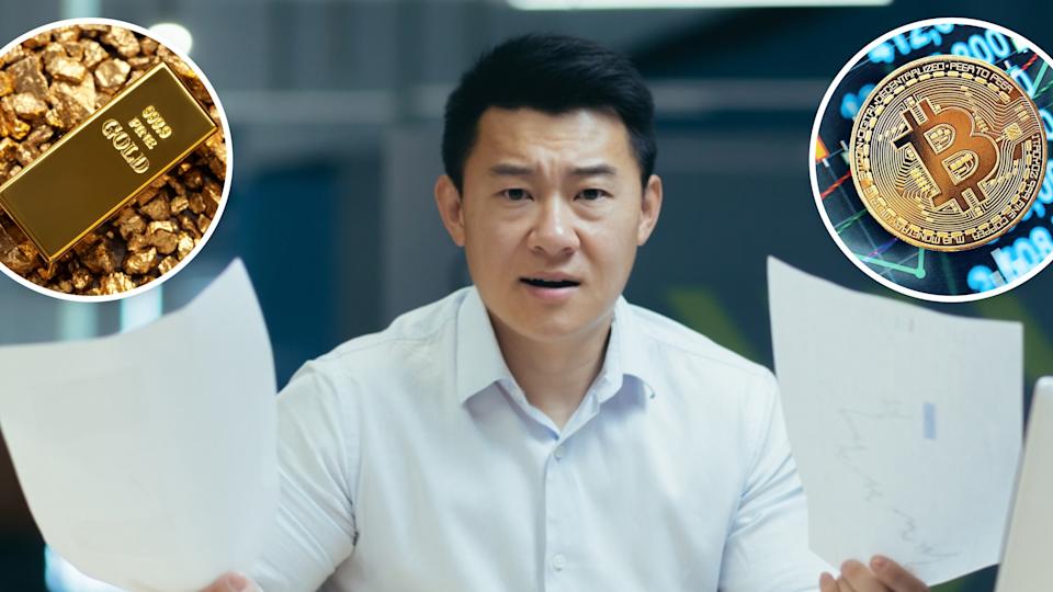 Frustrated man holding up papers in both hands, image of a bold bar in bubble on the left, image of bitcoin in bubble on the right