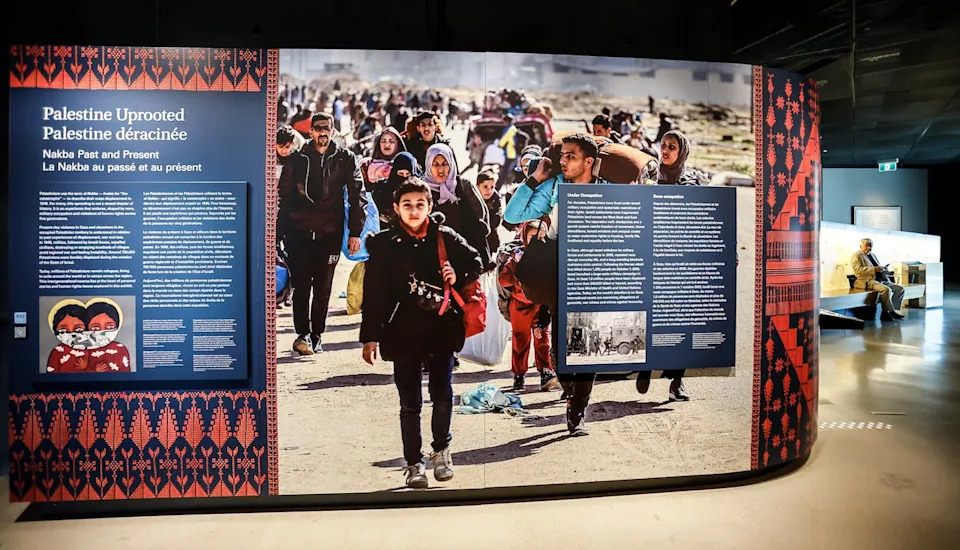 The exhibit explores the displacement of 750,000 Palestinians during Israel's establishment — an event also known as Nakba, Arabic for 'catastrophe' — and the consequences for the generations that followed. (John Woods/The Canadian Press)