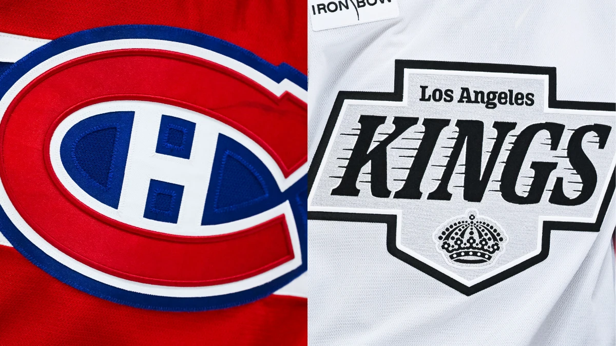 View of a Los Angeles Kings logo on a jersey worn by a member of the team during the third period at Bell Centre.