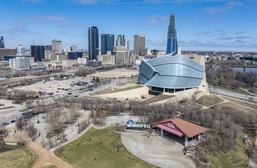 Aerial view of the Canadian Museum for Human Rights, in Winnipeg, Manitoba, Canada, on April 28, 2024.