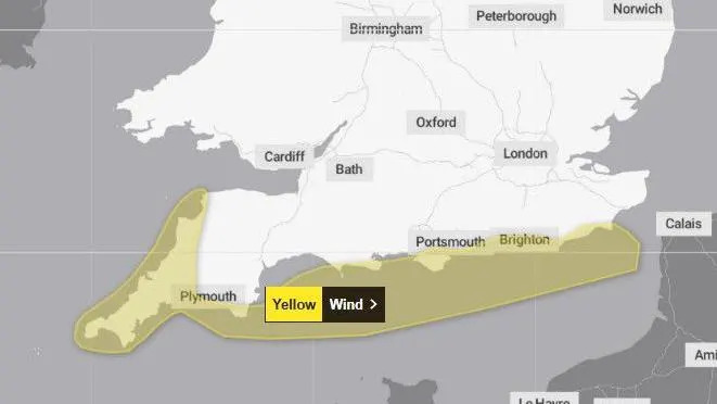 A met office map showing the area effected by the wind stretching along the coast from Cornwall to beyond East Sussex.