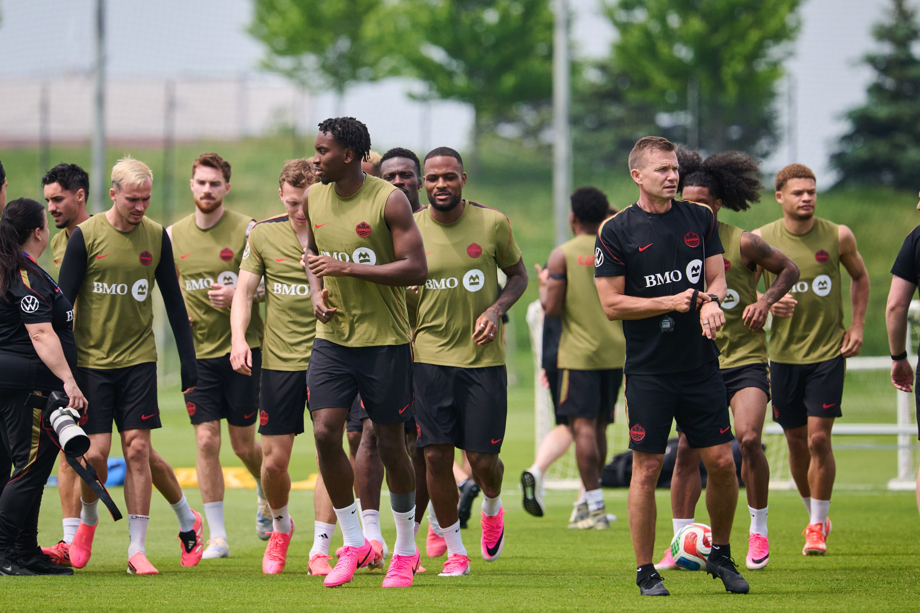 Canada's head coach Jesse Marsch leads his players in Toronto