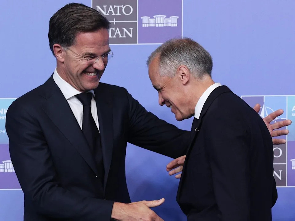 NATO Secretary General Mark Rutte greets Mark Carney, Prime Minister of canada during a welcome ceremony of allied heads of state and government, on July 08, 2026 in Ankara, Turkey.