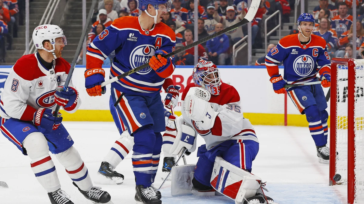 .Edmonton Oilers forward Ryan Nugent-Hopkins (93). Scores a goal against Montreal Canadiens goaltender Sam Montembeault (35) during the third period at Rogers Place.