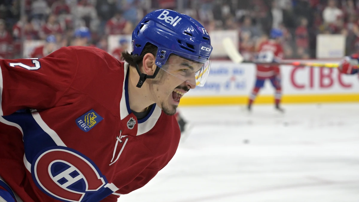 Montreal Canadiens defenseman Arber Xhekaj (72) skates during the warmup period in game three of the first round of the 2025 Stanley Cup Playoffs against the Washington Capitals at the Bell Centre.