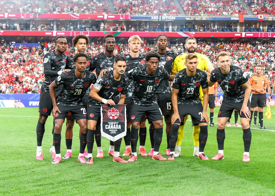 HOUSTON, TX - JULY 04: Canada Starting XI players pose for group photo during the FIFA World Cup 2026 Round of 16 match between Canada and Morocco on July 4, 2026 at Houston Stadium in Houston, Texas.(Photo by Leslie Plaza Johnson/Icon Sportswire via Getty Images)