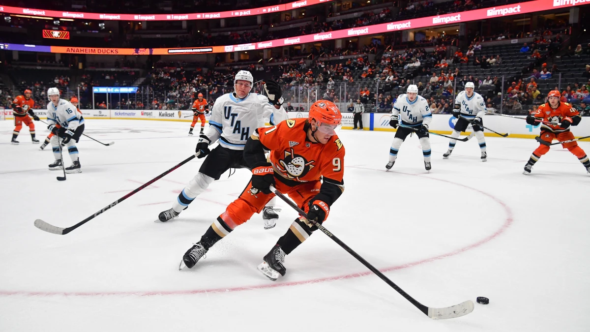 Anaheim Ducks center Leo Carlsson (91) moves the puck against Utah Mammoth defenseman Maksymilian Szuber (55) during the second period at Honda Center.
