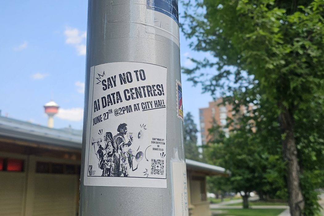 A poster in Calgary advertising a protest against data centres