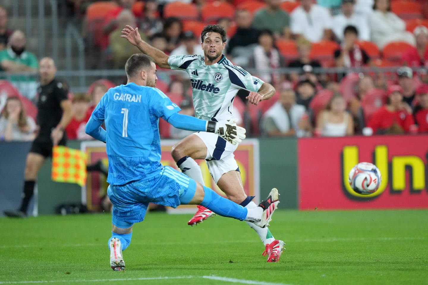 Matt Polster (center) was among those stymied by Toronto goalkeeper Luka Gavran and the hosts' staunch defense on Saturday night.