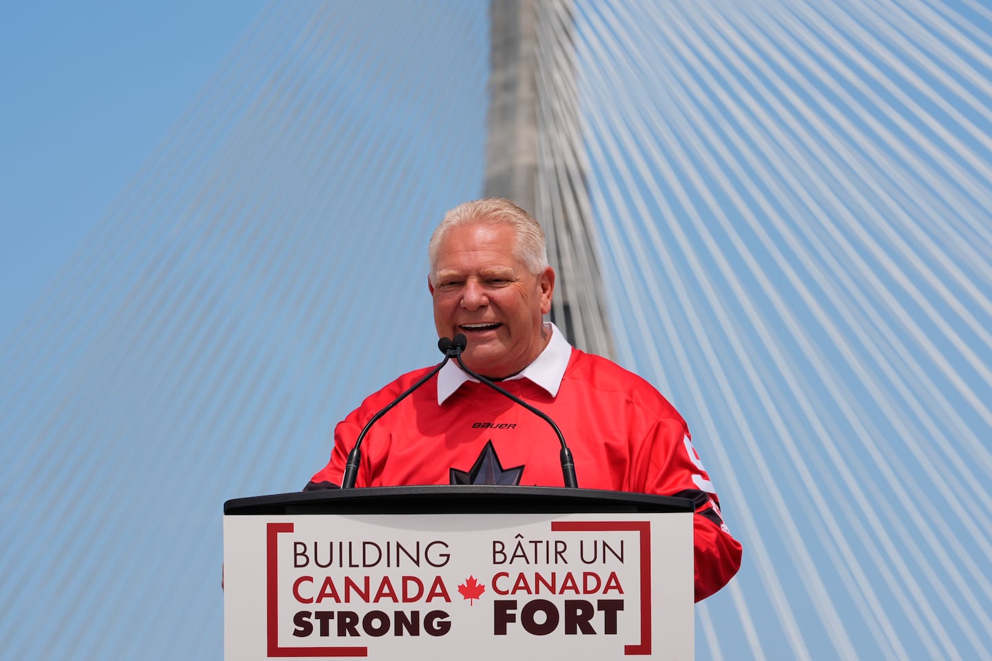 Doug Ford, Premier of Ontario, speaks during a Canadian celebration for the Gordie Howe International bridge connecting Detroit and Windsor, Ontario Friday, July 24, 2026, in Windsor.