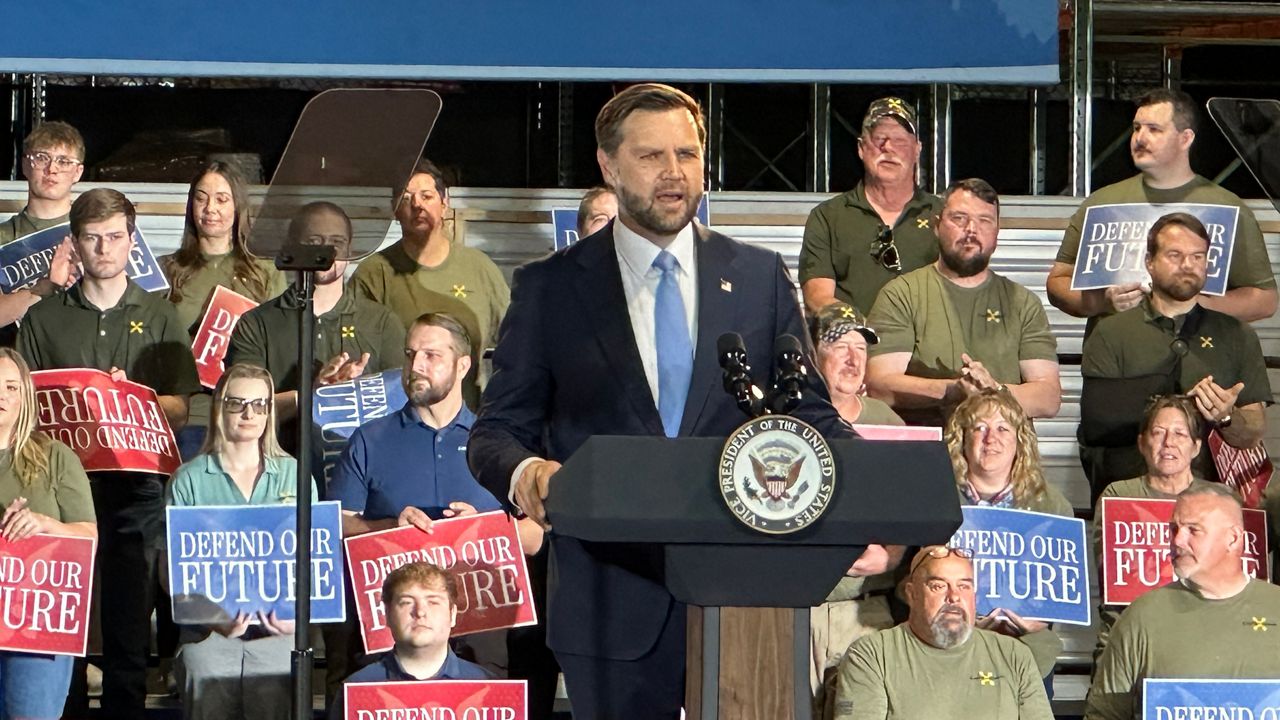 Vice President JD Vance speaks to supporters Monday in Brewer. (Spectrum News/Susan Cover)