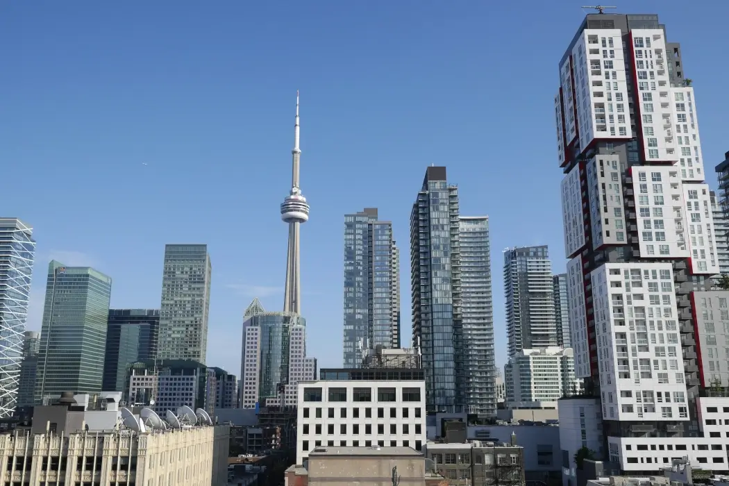 The Toronto skyline with the CN tower prominently featured.