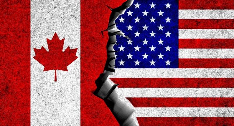 United States of America and Canada relations. Canada and USA flags together