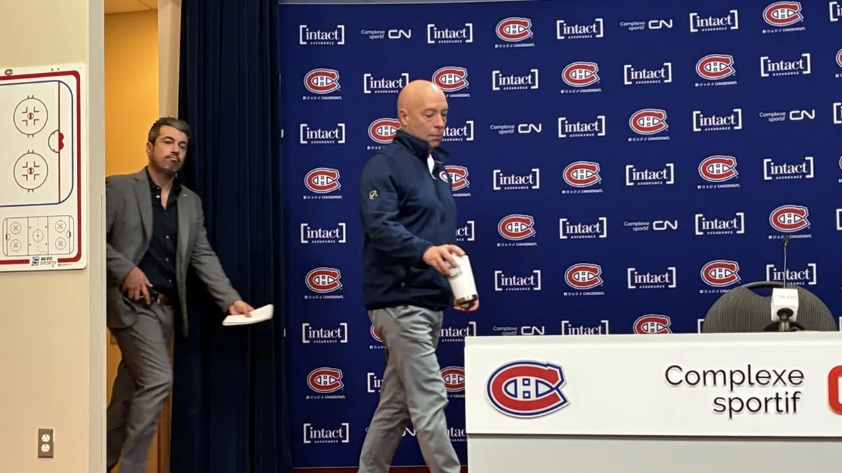 Montreal Canadiens general manager Kent Hughes speaks to the media at a press conference.