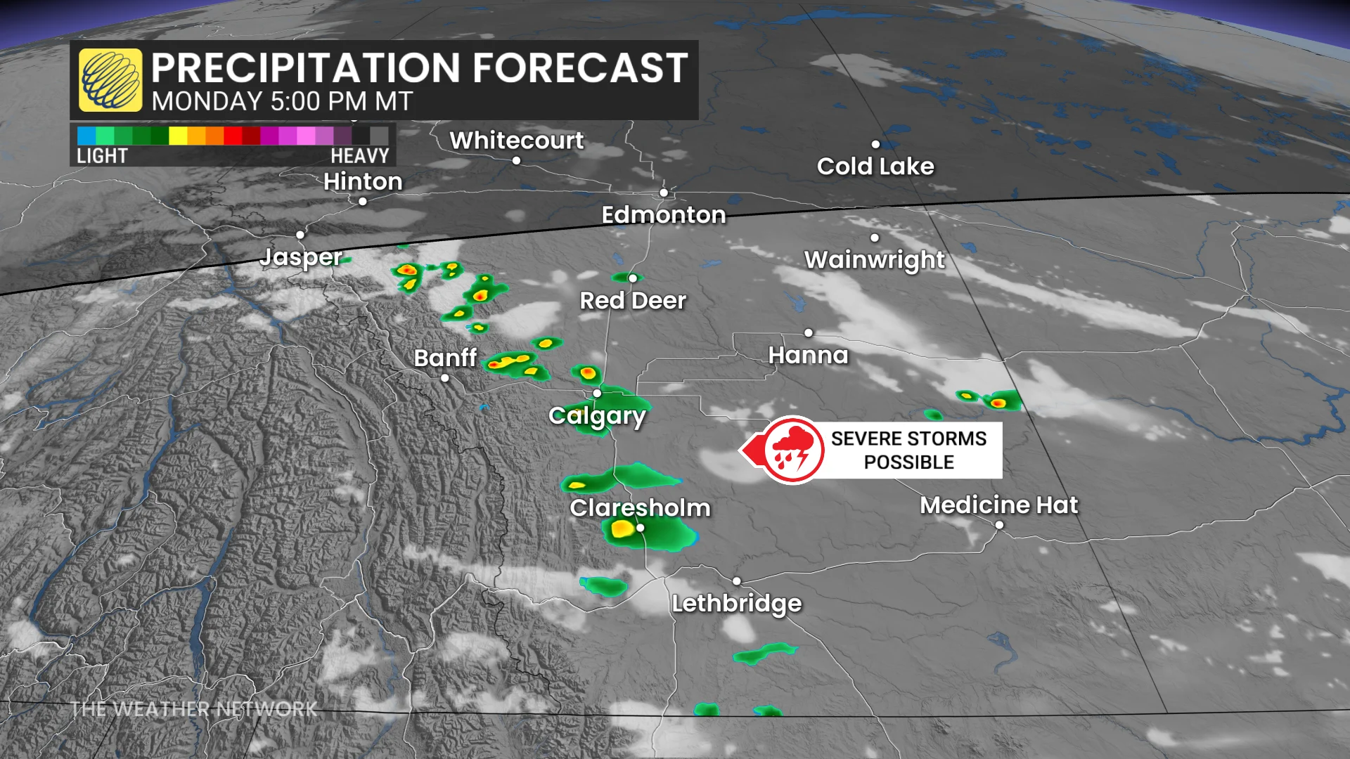 Alberta precipitation timing Monday evening
