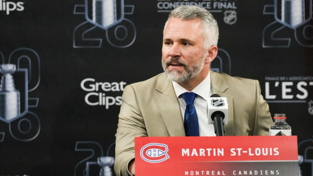Montréal Canadiens head coach Martin St. Louis speaks after the game against the Carolina Hurricanes in game two of the Eastern Conferene Final of the 2026 Stanley Cup Playoffs at Lenovo Center.