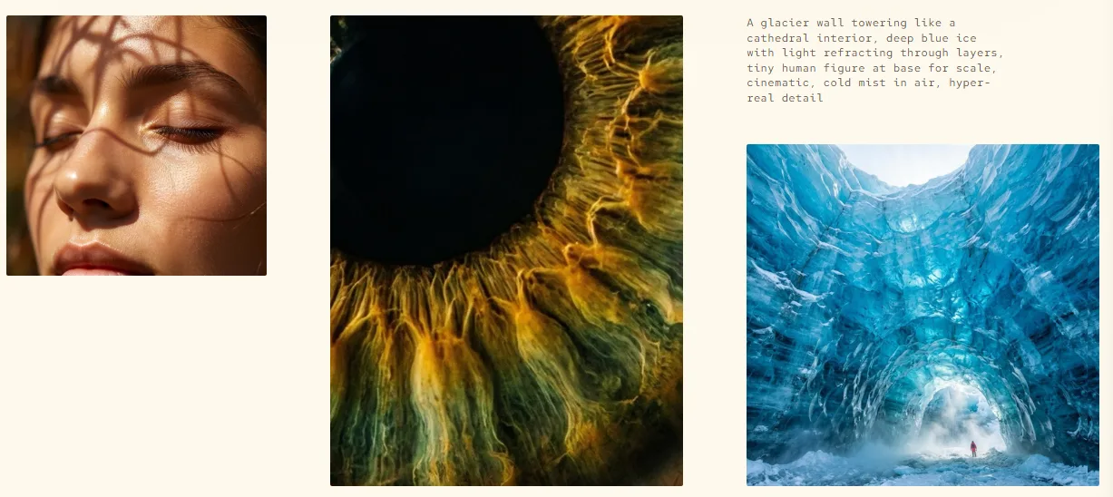 Drei von MAI-Image-2 erzeugte Bilder nebeneinander: ein Porträt mit Schattenwurf auf dem Gesicht, eine Makroaufnahme einer Iris und eine Person in einer blauen Gletscherhöhle.