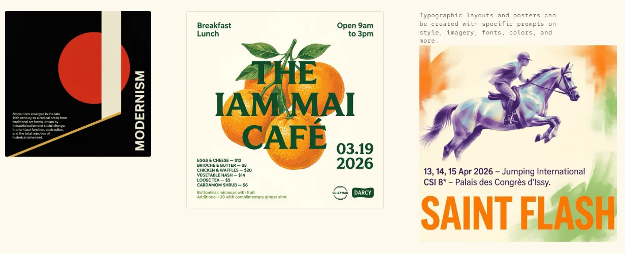 Drei von MAI-Image-2 erzeugte Poster nebeneinander: ein Modernismus-Plakat mit rotem Kreis, ein Café-Menü mit Orangen-Illustration und ein Reitsport-Eventplakat mit springendem Pferd.